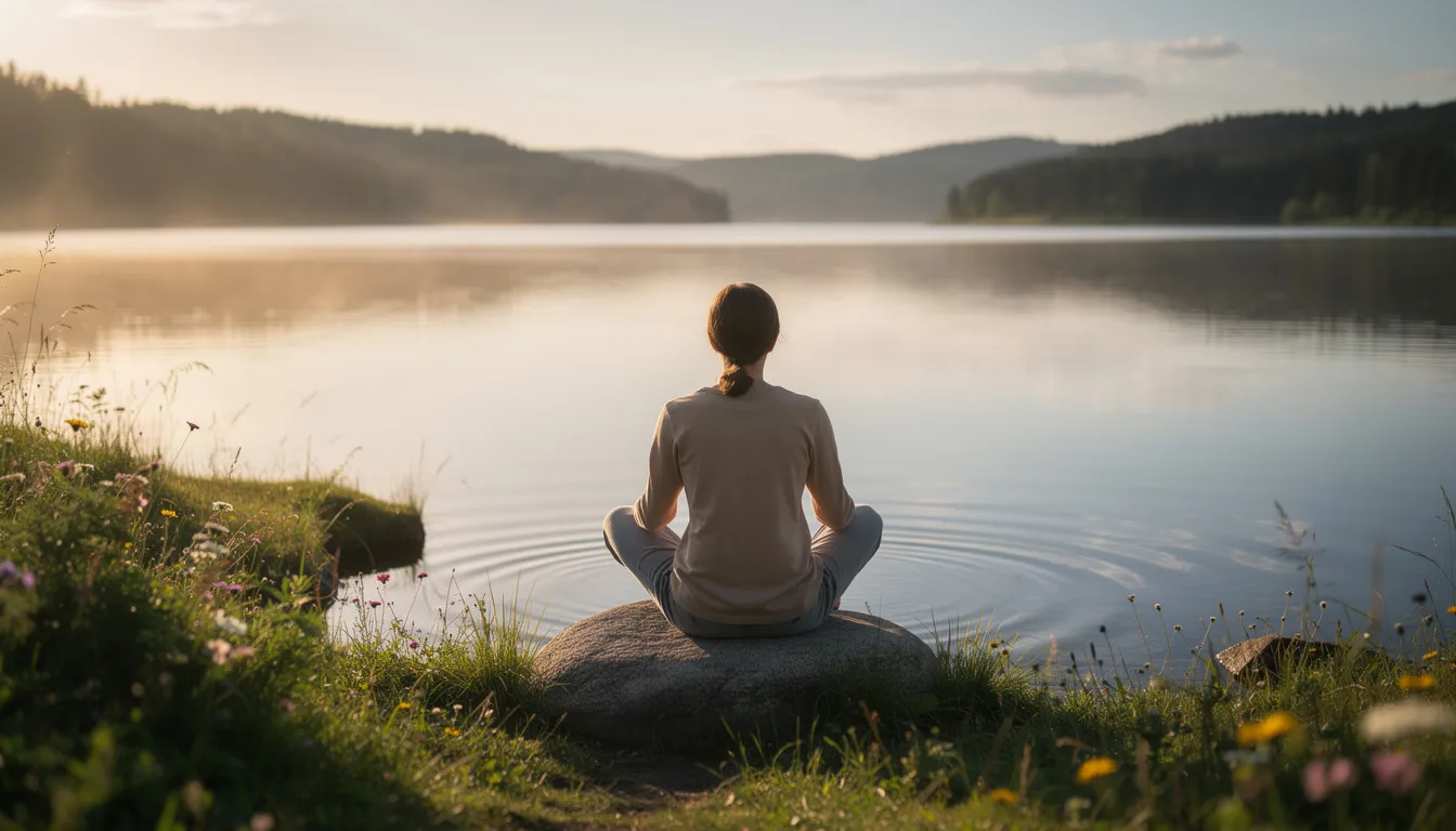 The image depicts a person sitting peacefully by the water in nature, surrounded by lush greenery, embodying a sense of tranquility and connection to the environment. This serene setting reflects the body's ability to heal itself, promoting healing and regeneration, much like how healthy cells and the immune system work together to repair damaged tissues.