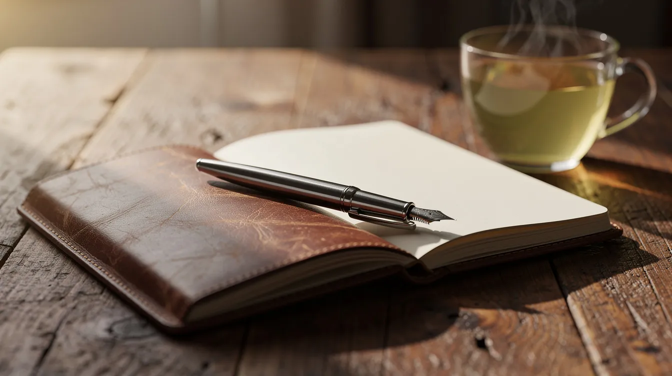 An open leather journal lies on a wooden table, accompanied by a pen and a cup of herbal tea, creating a serene setting for reflection and therapeutic writing. This image evokes the essence of narrative therapy, where individuals can explore their life stories and engage in meaningful conversations about their experiences.