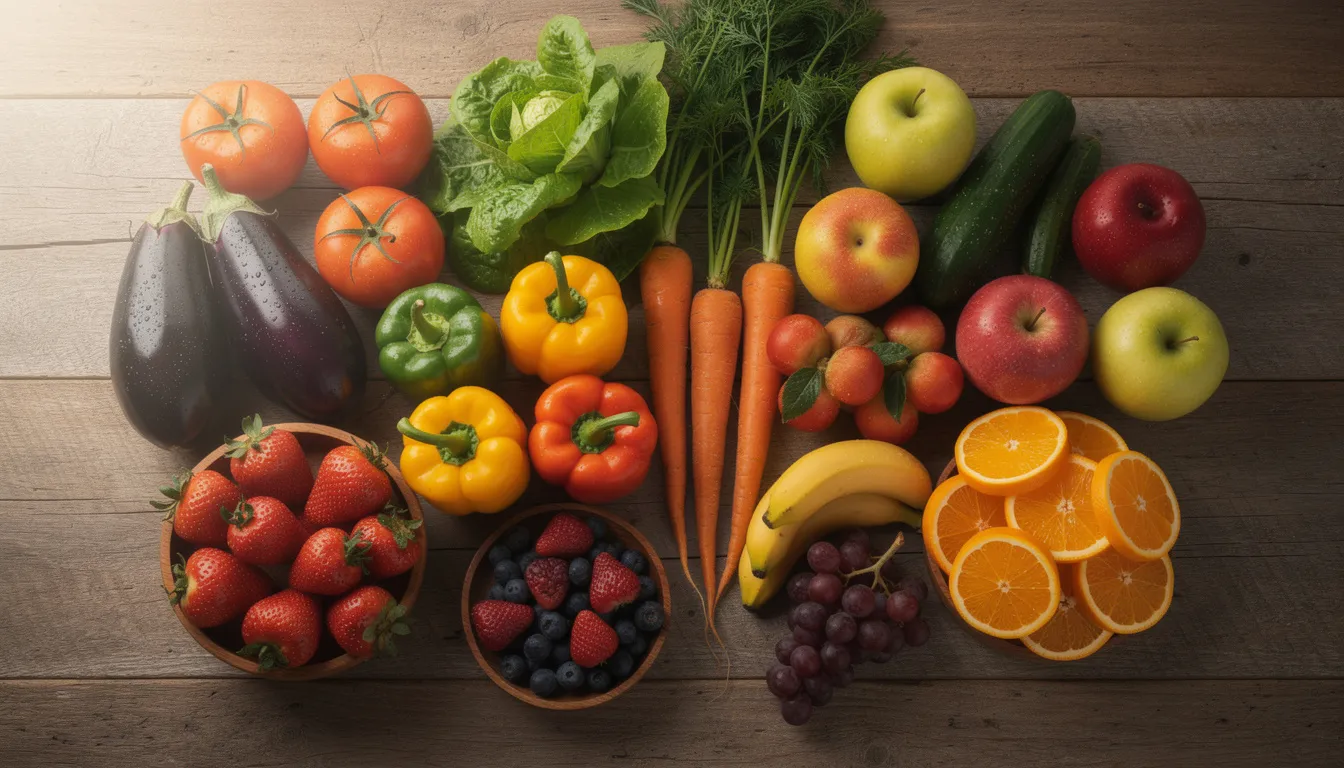 The image features a vibrant assortment of fresh vegetables and fruits, including tomatoes, peppers, and leafy greens, beautifully arranged on a rustic wooden table. This colorful display highlights the importance of adequate nutrition for the body's ability to promote healing and maintain healthy cells.