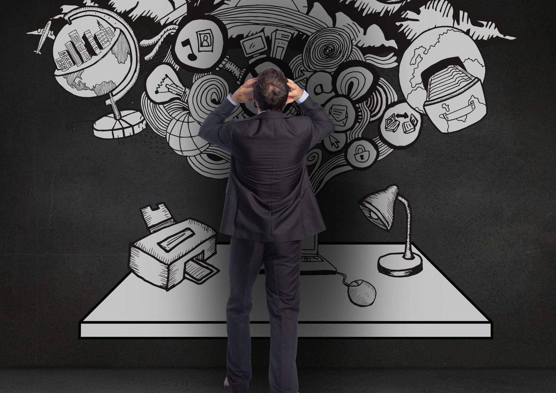 A business-suited person stands before a chalk-drawn desk and computer, looking at a cloud of sketched icons above it.