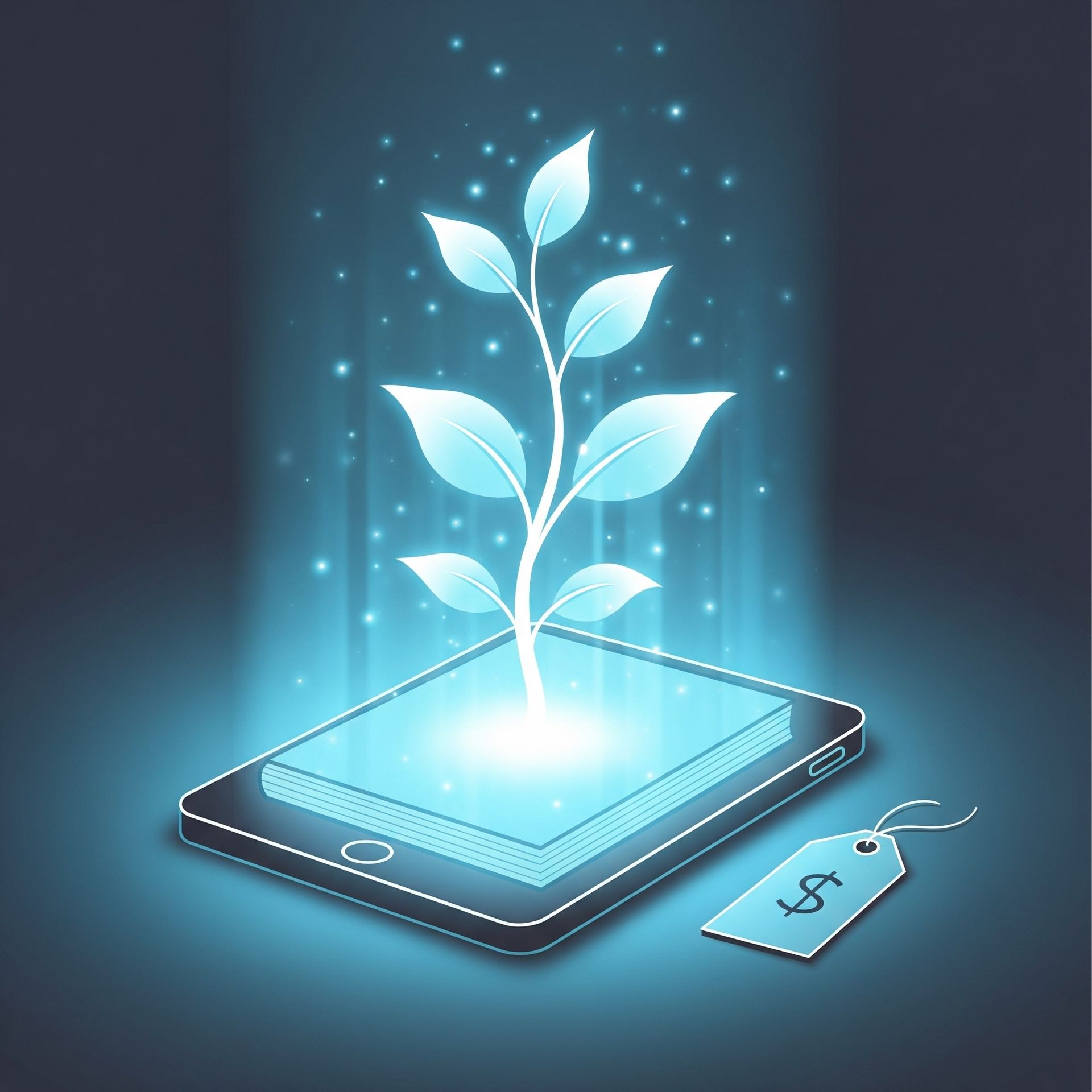 Smartphone glowing with a plant growing out, a price tag. Blue and white, dark background.