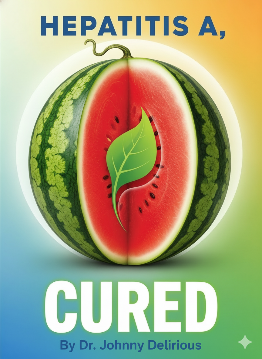 A watermelon cut open with a leaf inside; text: Hepatitis A, CURED by Dr. Johnny Delirious.