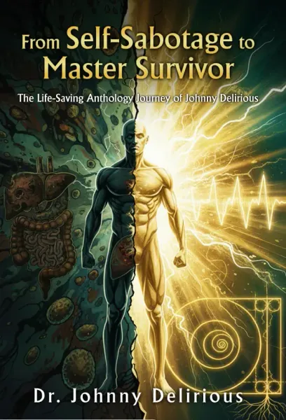 A figure split in two: left side anatomical, right side glowing with energy.