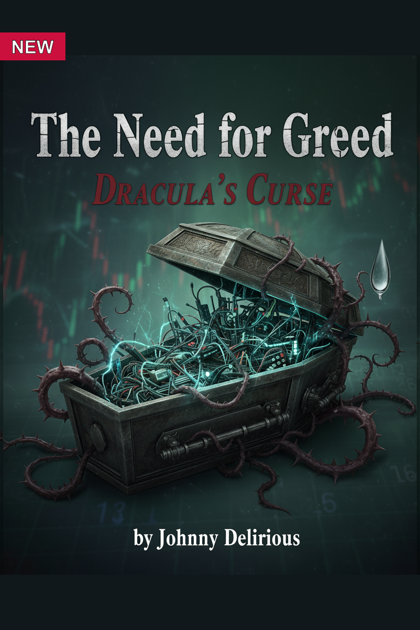 Book cover: Coffin with glowing blue vines, title "The Need for Greed: Dracula's Curse" by Johnny Delirious.