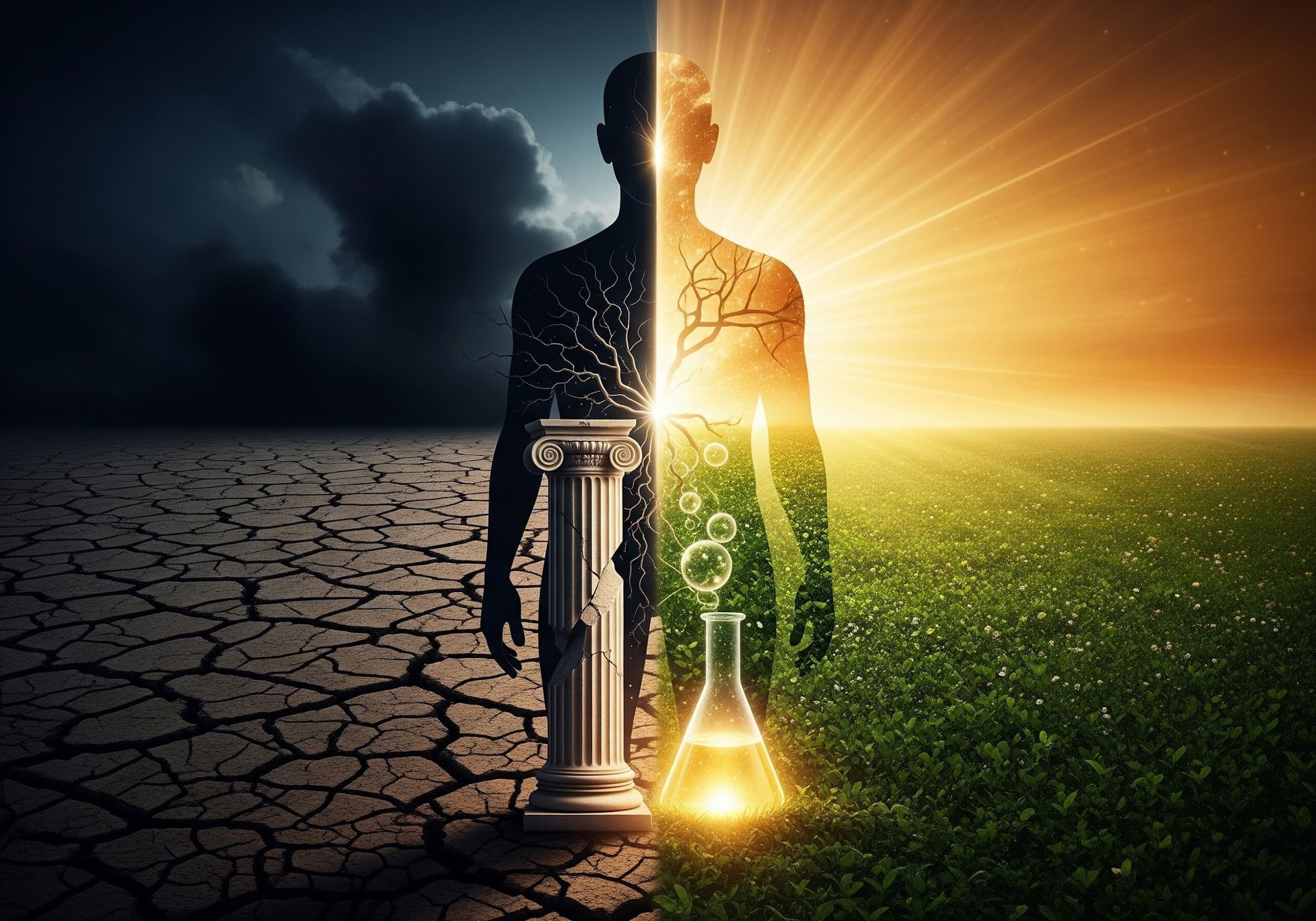 A silhouette of a person split in two; dark, dry side vs. bright, vibrant side, with a column and flask separating them.