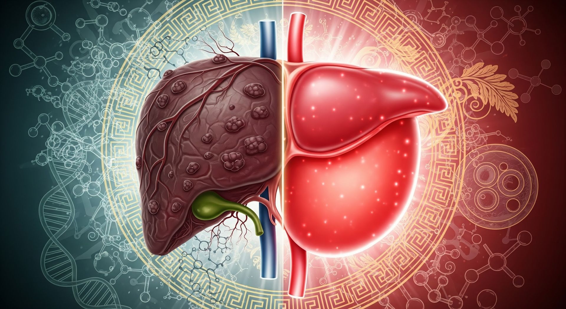 Illustration comparing a healthy red liver to a diseased, dark brown liver.