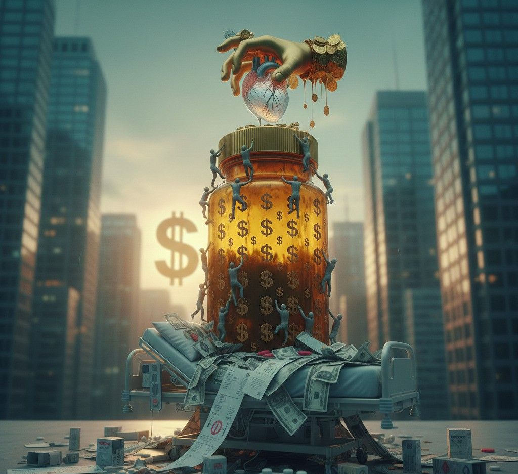 A bottle with money symbols has people climbing it, with a hand dripping gold on top. A hospital bed rests below.