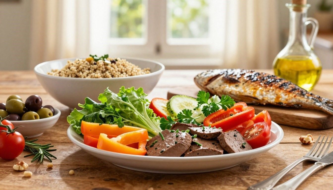 A healthy meal on a wooden table: grilled fish, salad with vegetables, olives, and quinoa.