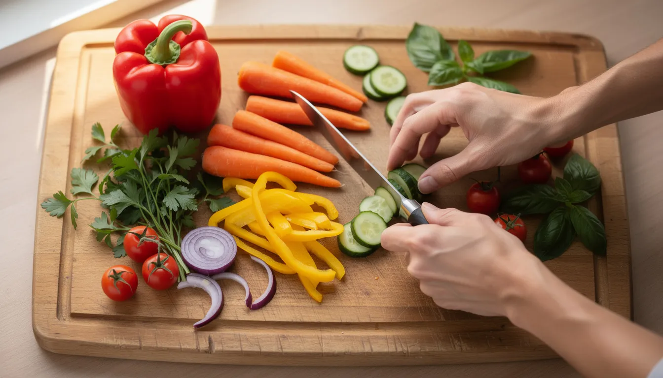 The image shows hands skillfully preparing a variety of colorful vegetables and herbs on a wooden cutting board, illuminated by natural light, symbolizing the nurturing aspect of a healing journey through cooking and healthy eating. This scene reflects a safe space for individuals to explore their relationship with food as part of their mental health and wellness journey.
