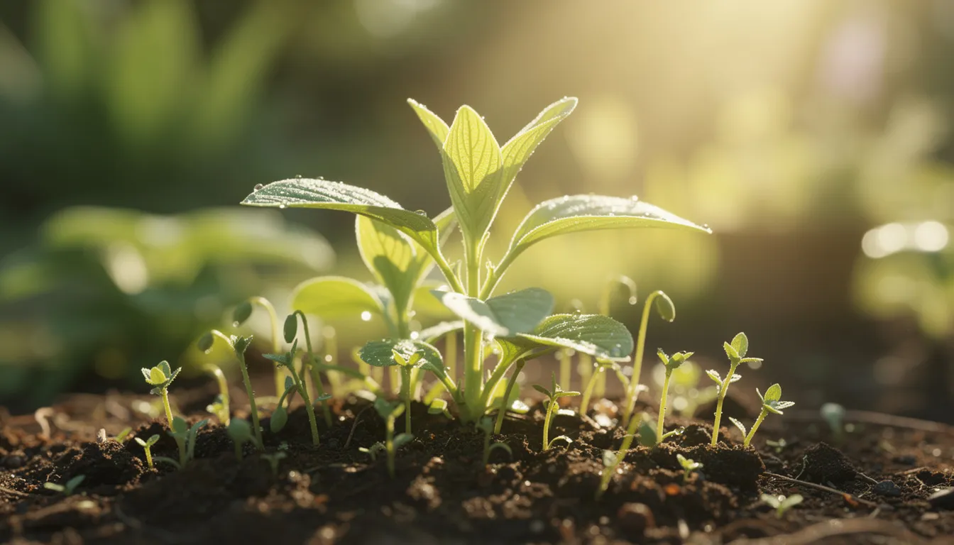 A bright green seedling sprouting from dark, moist soil in soft, golden sunlight.