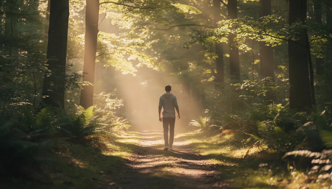 A person walks along a sun-drenched forest path, illuminated by beams of light filtering through the trees.