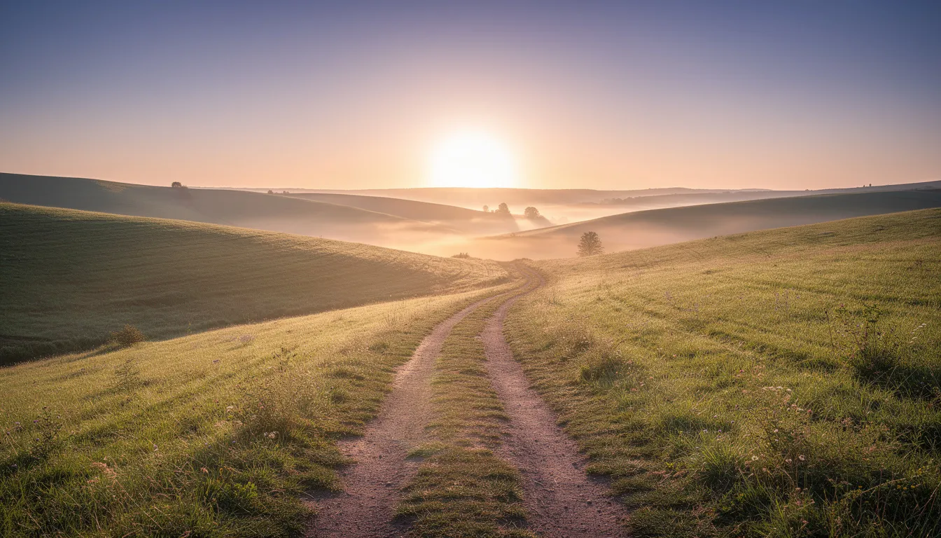 A winding path meanders through lush rolling hills, leading towards a bright horizon at dawn, symbolizing the healing journey and the hope for new beginnings. This serene landscape evokes a sense of peace and support, inviting individuals to explore their personal growth and healing process.