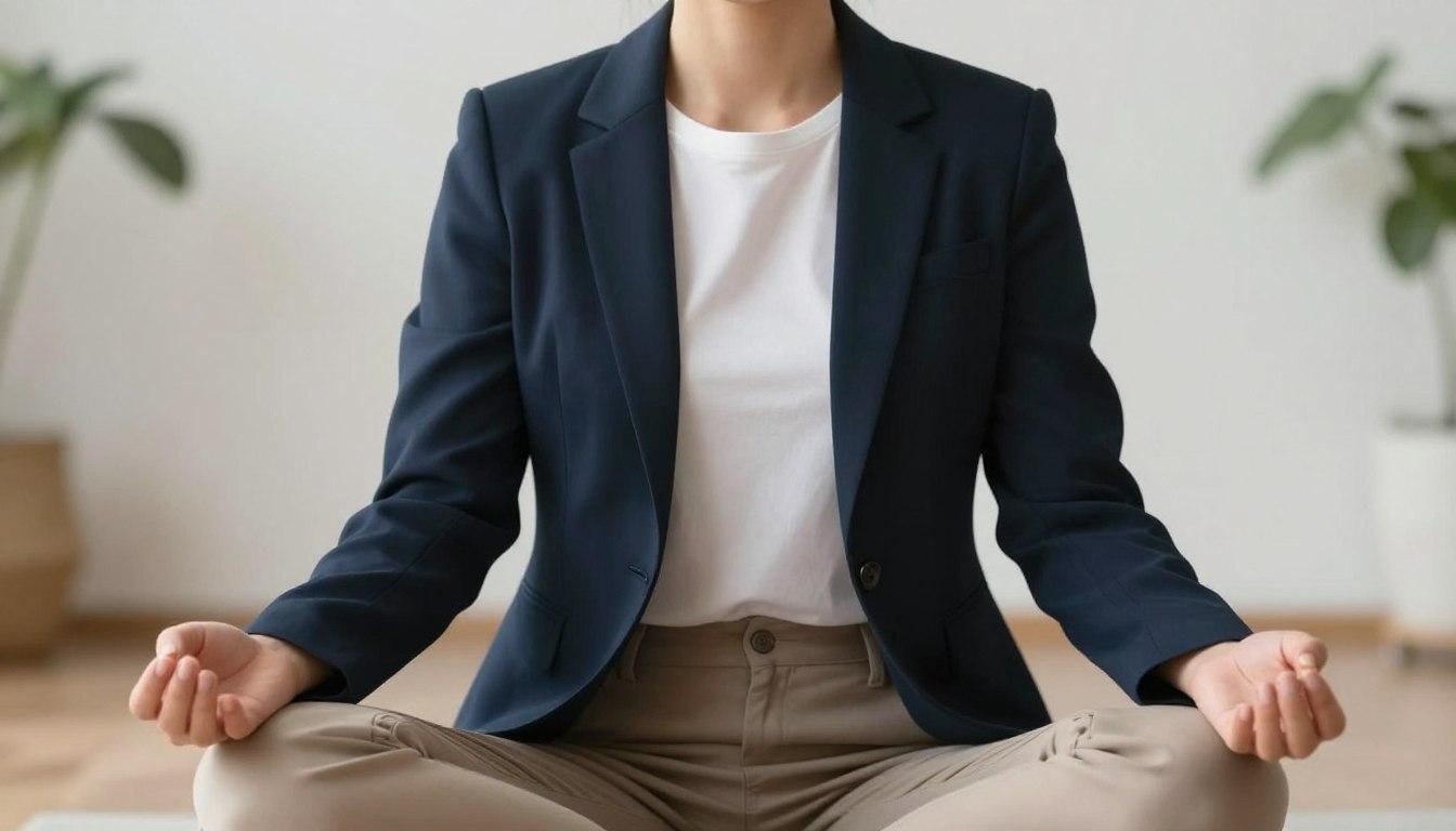 Woman in business attire meditating with eyes closed.