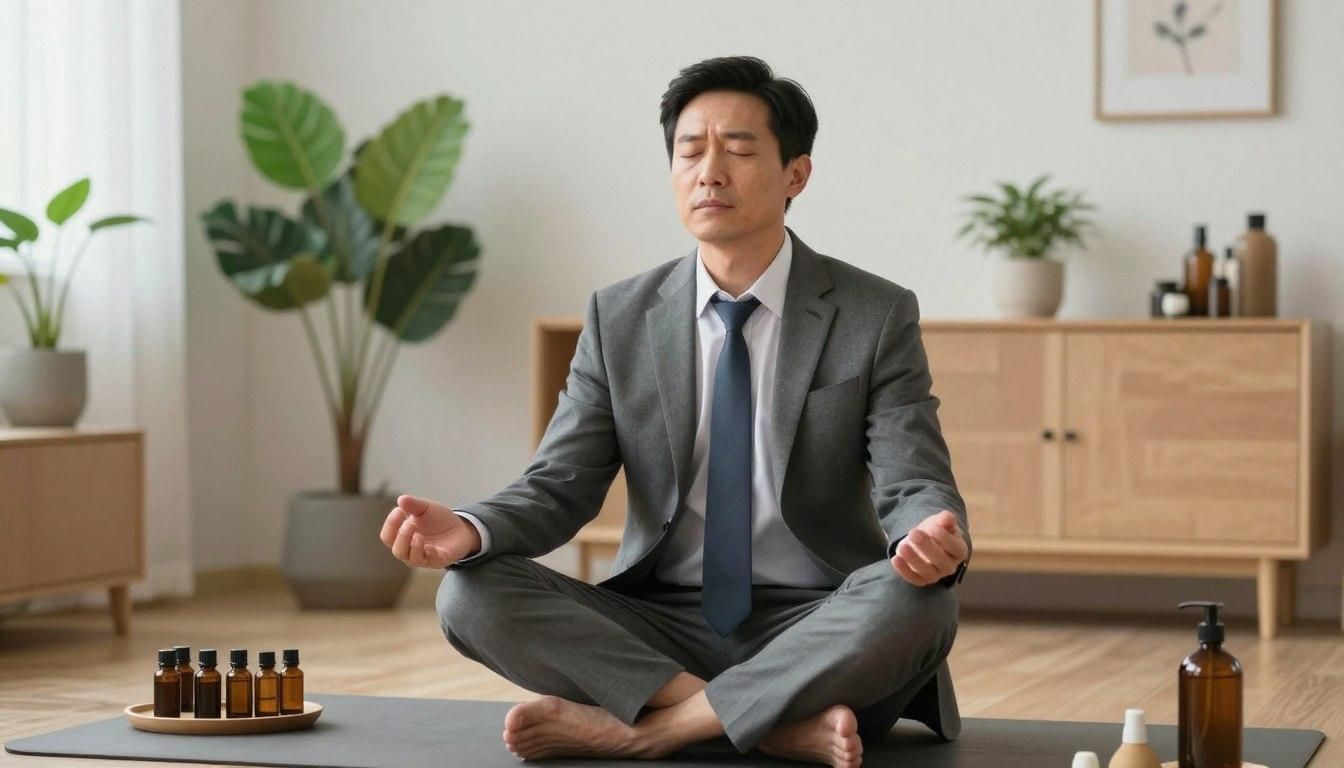 Man in suit meditating on yoga mat, eyes closed. Interior with plants and essential oils.