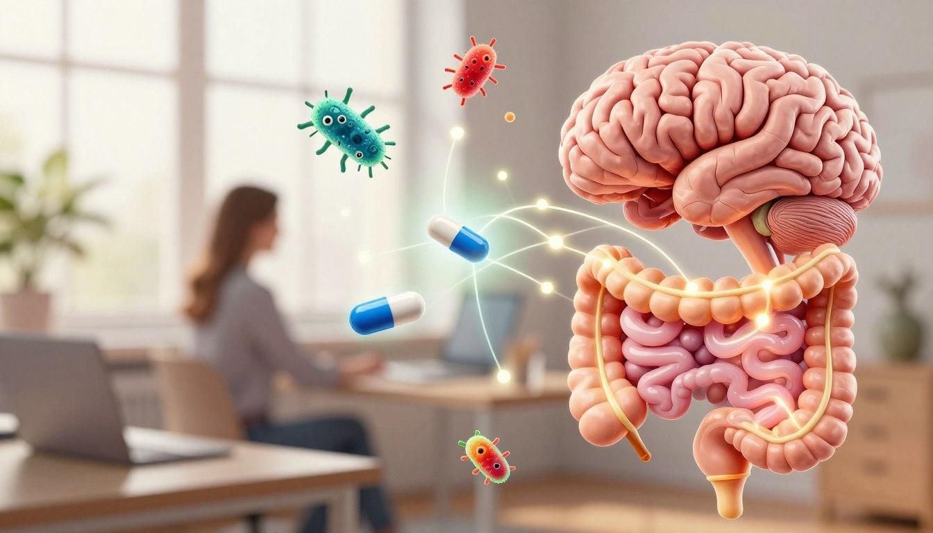 Woman at desk, brain, gut, and bacteria with connecting lines; pills floating.