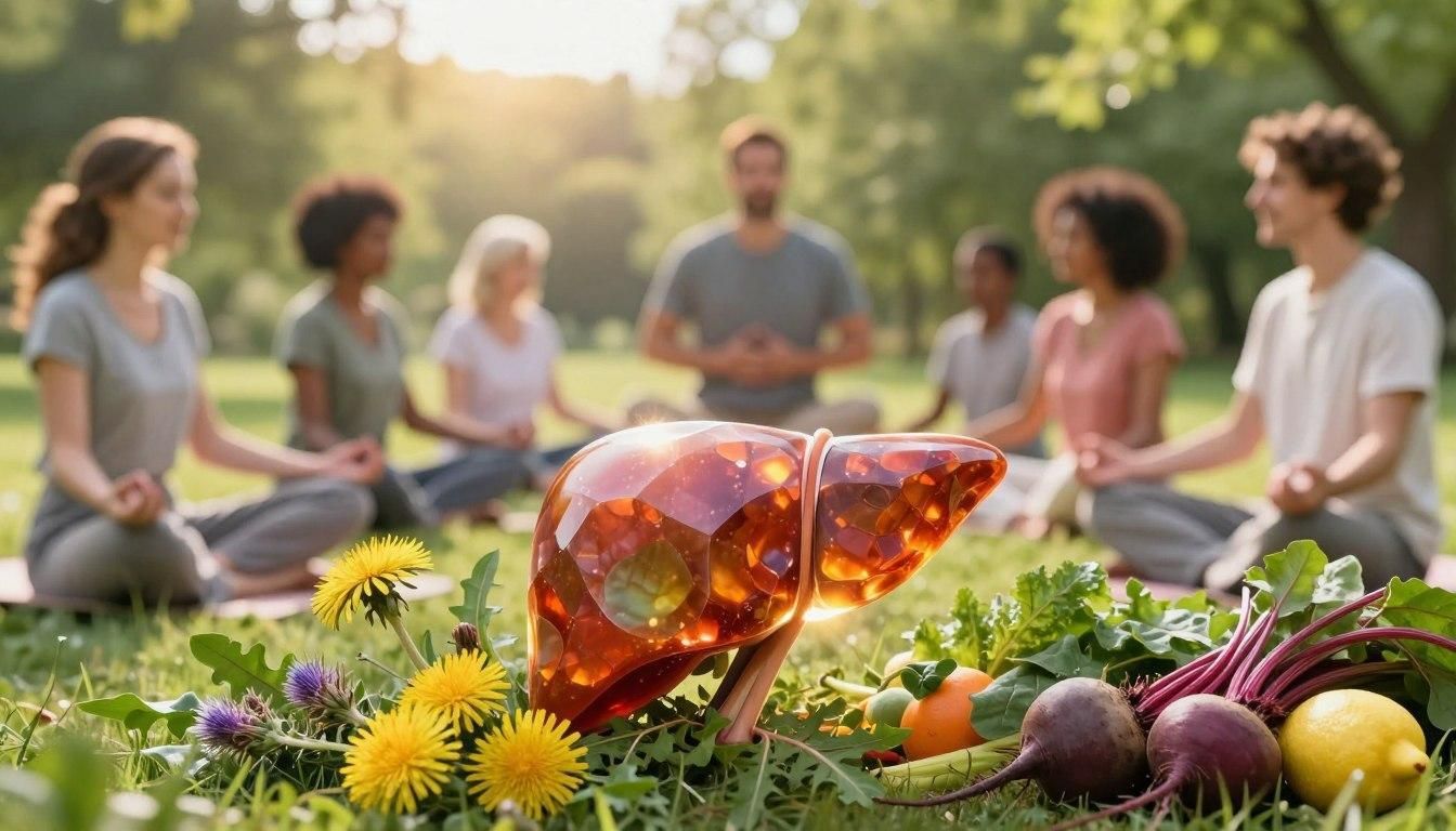 Group meditating in a park with a large liver sculpture and fresh produce in front.