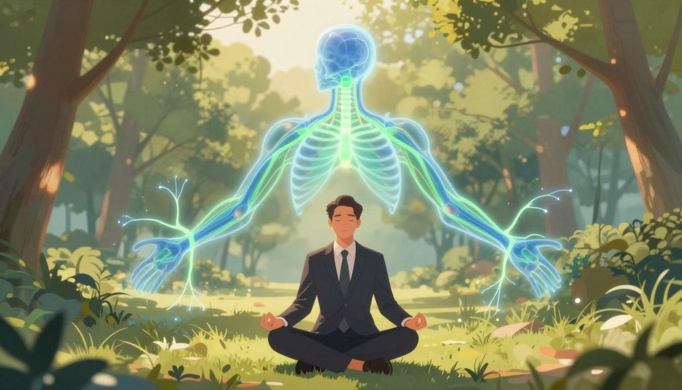 Man in suit meditating in forest, overlaid with glowing body diagram.