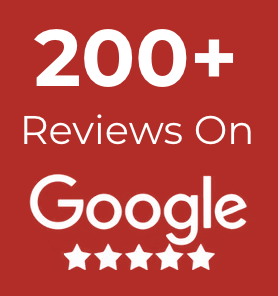 A red sign that says 200+ reviews on google