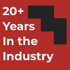 A red sign that says 20+ years in the industry