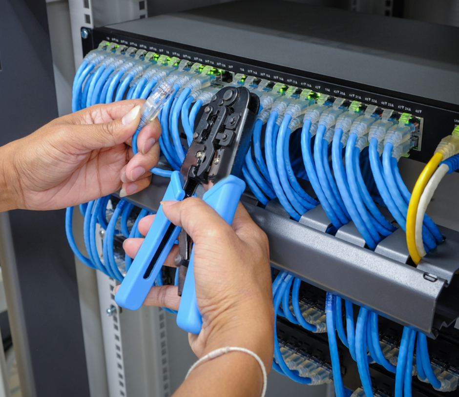 Hands Using A Crimping Tool To Connect Blue Ethernet Cables To A Network Switch — Fry Electrical In Budgewoi, NSW