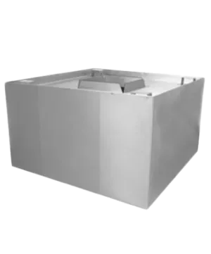 A stainless steel box is sitting on a white surface.