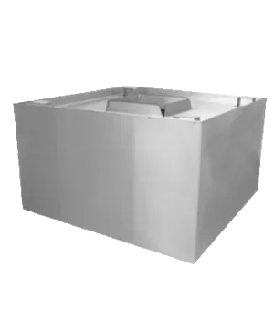 A stainless steel box is sitting on a white surface.