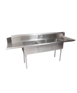 A stainless steel sink with three sinks and a counter top.