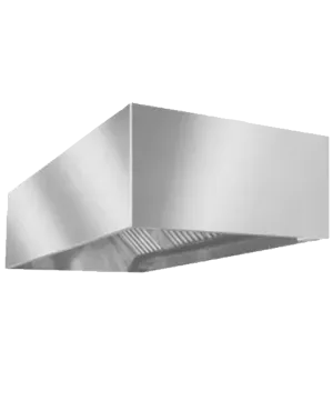 A stainless steel hood is hanging from the ceiling.