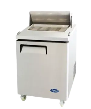 A stainless steel refrigerator with wheels on a white background