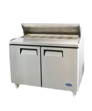 A stainless steel refrigerator with two doors and a stainless steel top.