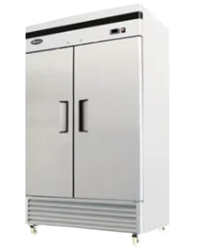 A stainless steel refrigerator with two doors and wheels