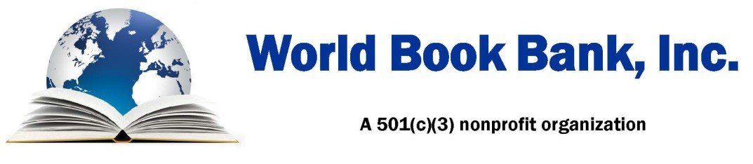 A logo for world book bank inc. with an open book