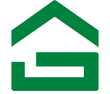 Logo a forma di casa verde con tetto e base stilizzati su sfondo bianco.