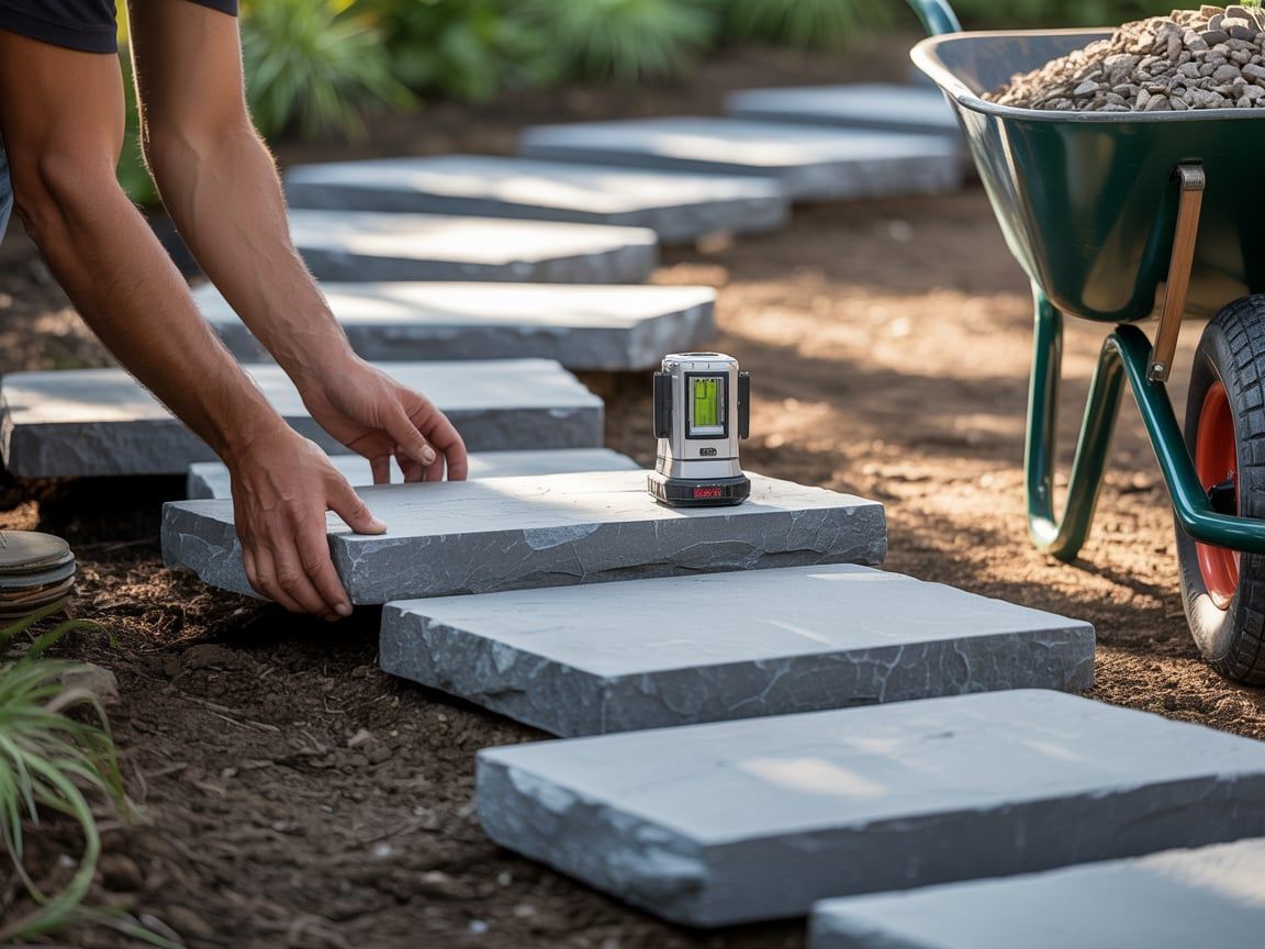 Person laying stone pavers in a garden path, using a level. Wheelbarrow nearby.