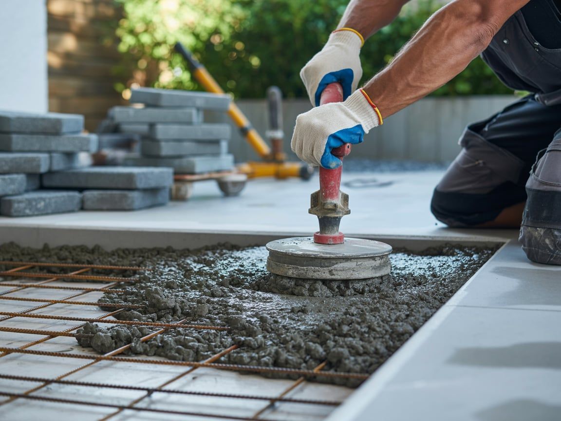 Construction worker using a tamper to level concrete over a rebar grid, outdoors.