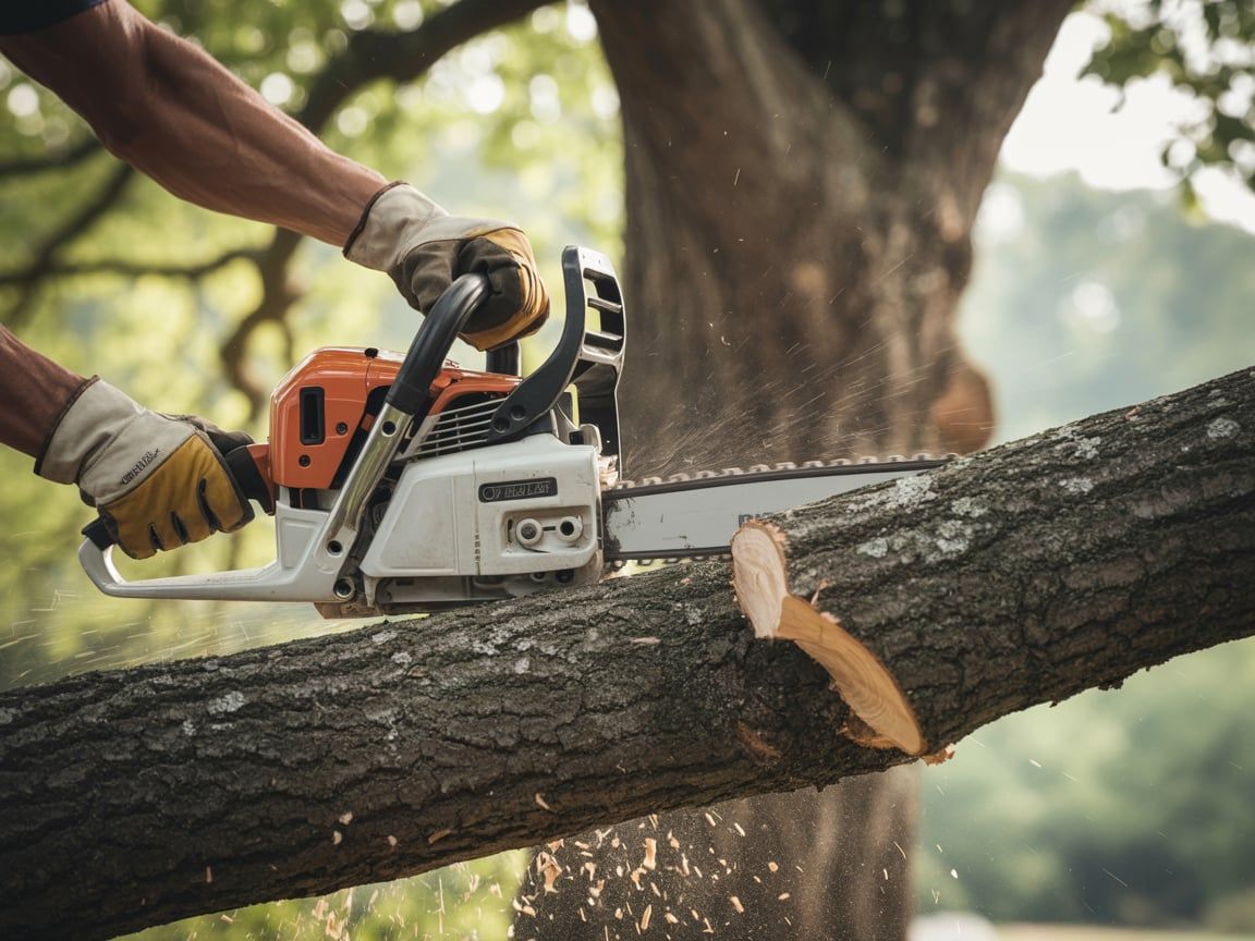 Person using a chainsaw to cut a tree branch; sawdust flying.