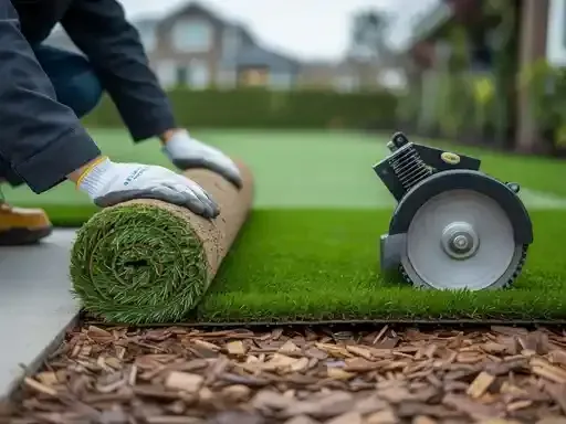 Person rolling out artificial turf, with a circular saw and residential setting.
