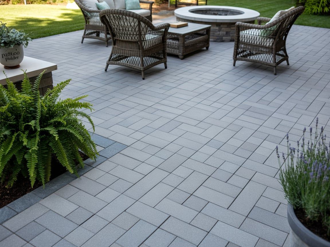 A paved patio with wicker chairs, a fire pit, and a fern.