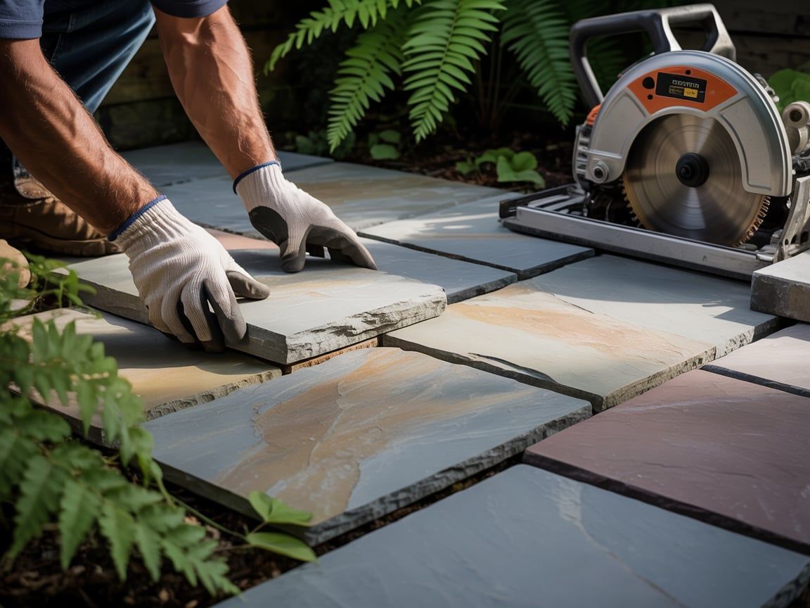 Man wearing gloves, laying stone tiles on a patio with a circular saw nearby.
