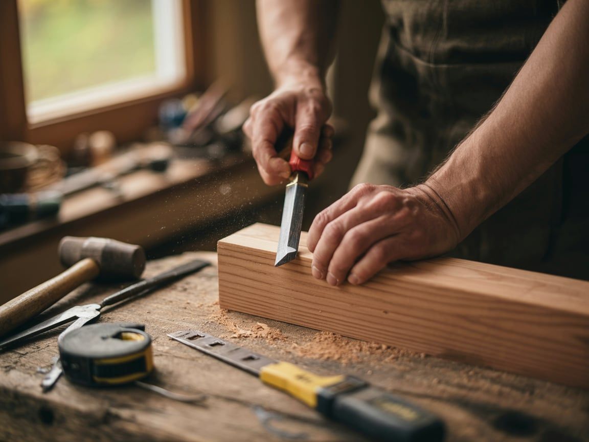 Carpenter using a chisel on a wooden plank in a workshop with tools scattered around.
