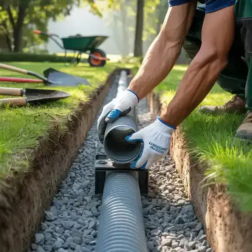 Person installing a drainage pipe in a trench, filled with gravel, in a yard.