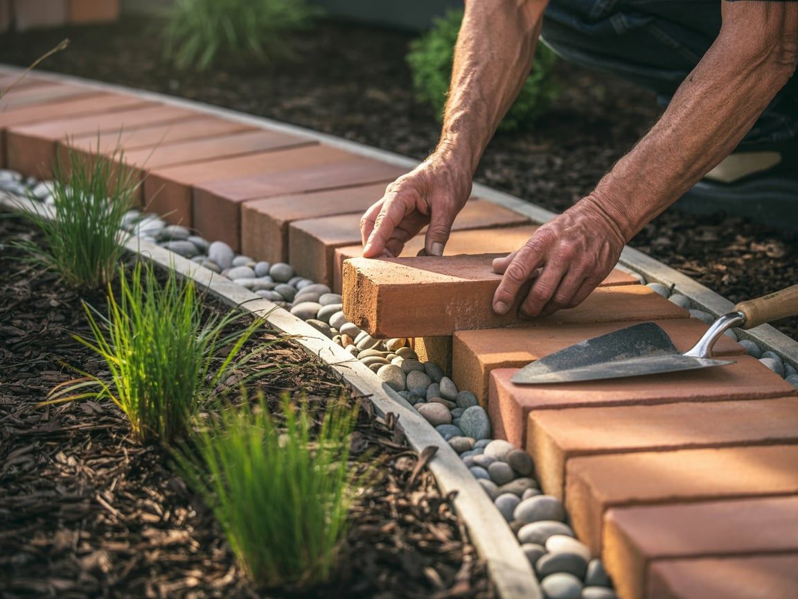 Man placing brick in a garden path with gravel and plants.