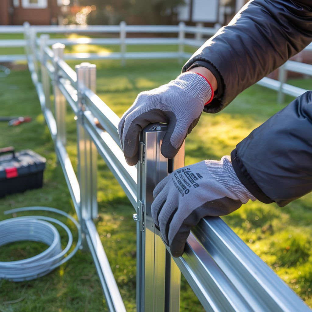 Person wearing gloves assembling a metal fence outdoors.