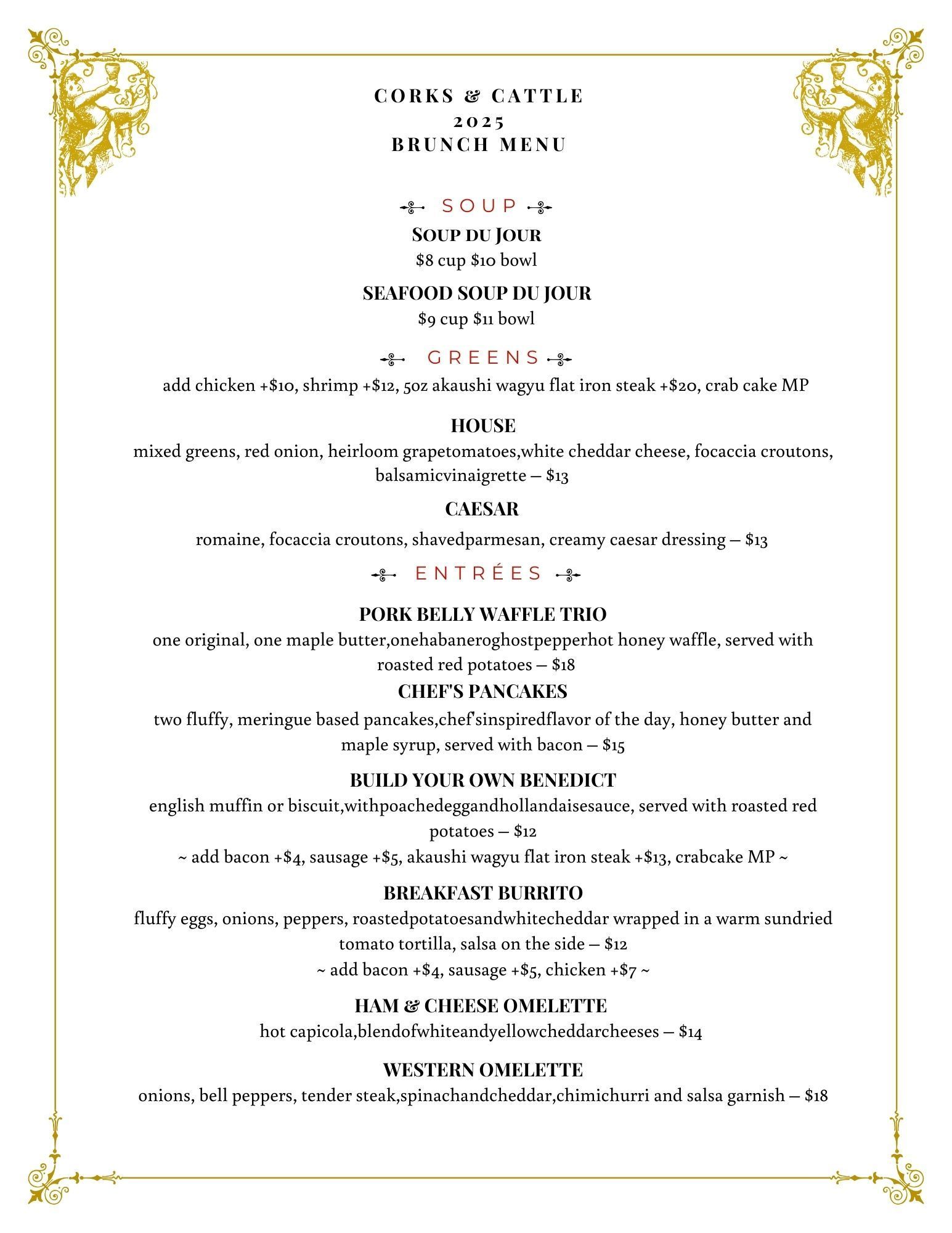 A menu for a restaurant called corks & pacific.