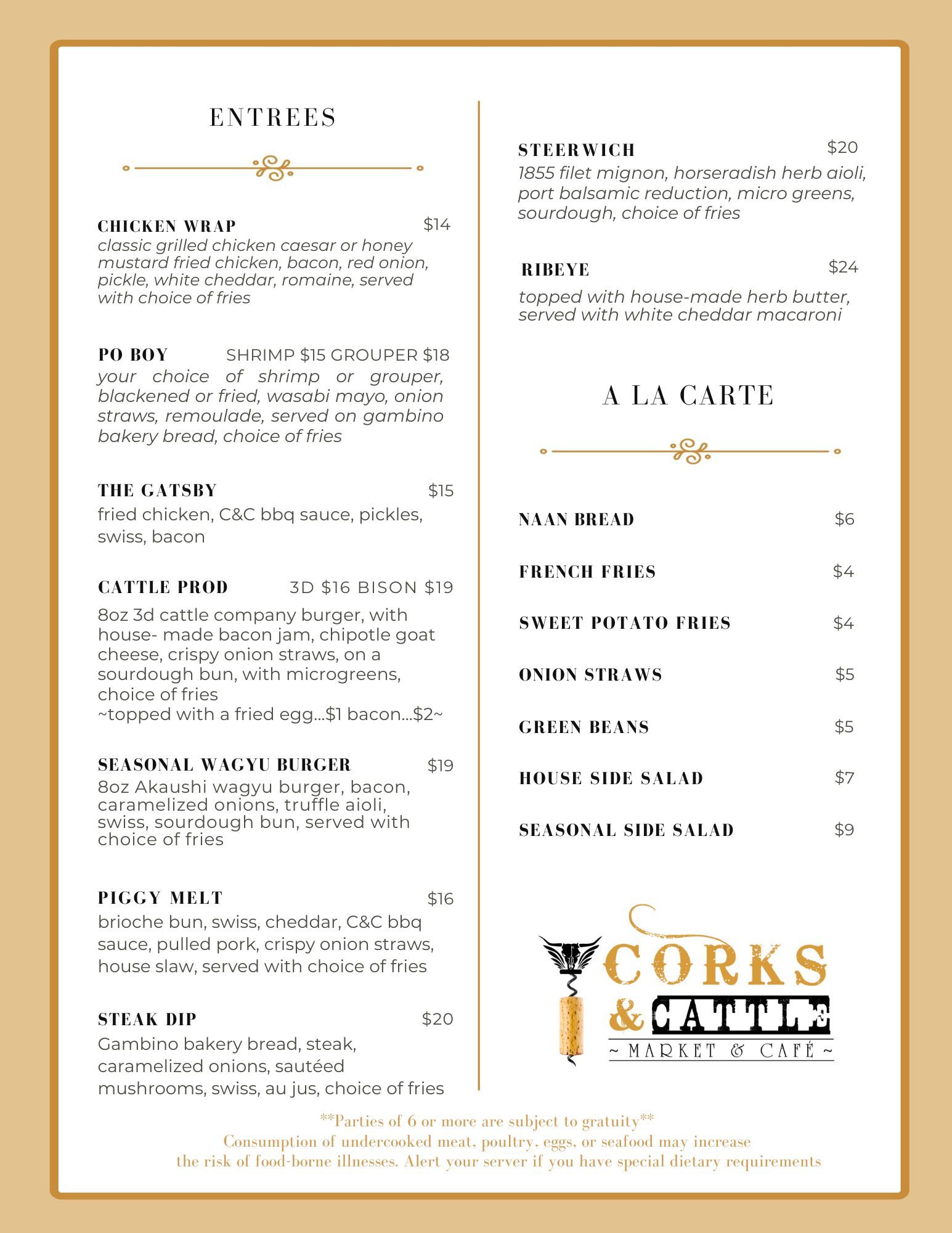 A menu for a restaurant called corks and cattle.
