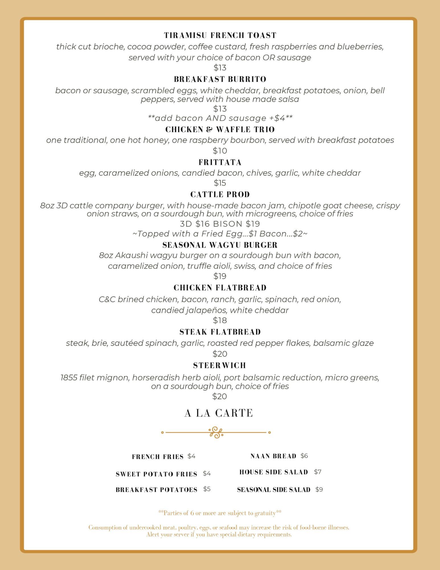 A menu for a restaurant with a lot of food on it.