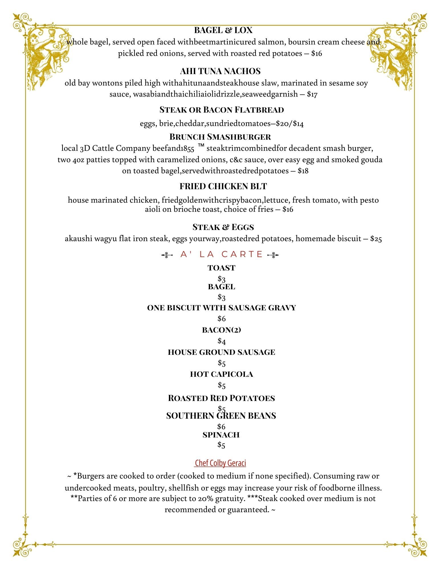 A menu for a restaurant with a lot of food on it.