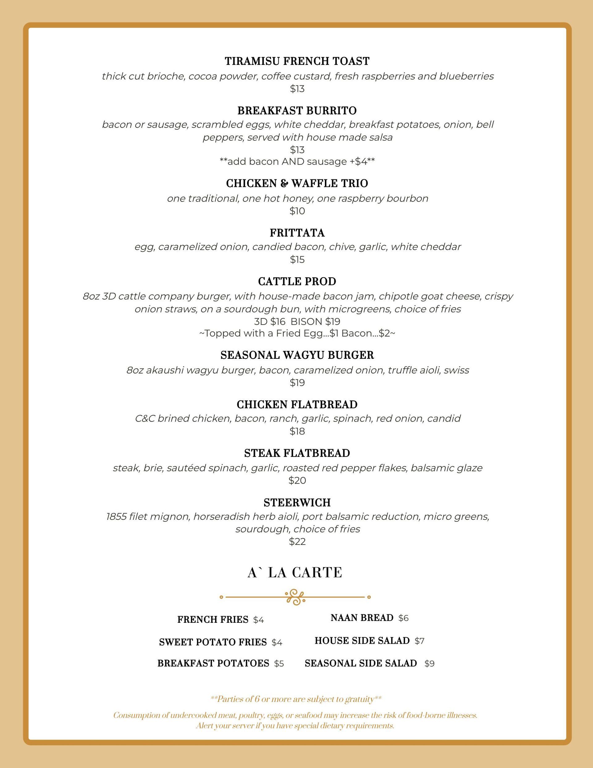 A menu for a restaurant with a lot of food on it.