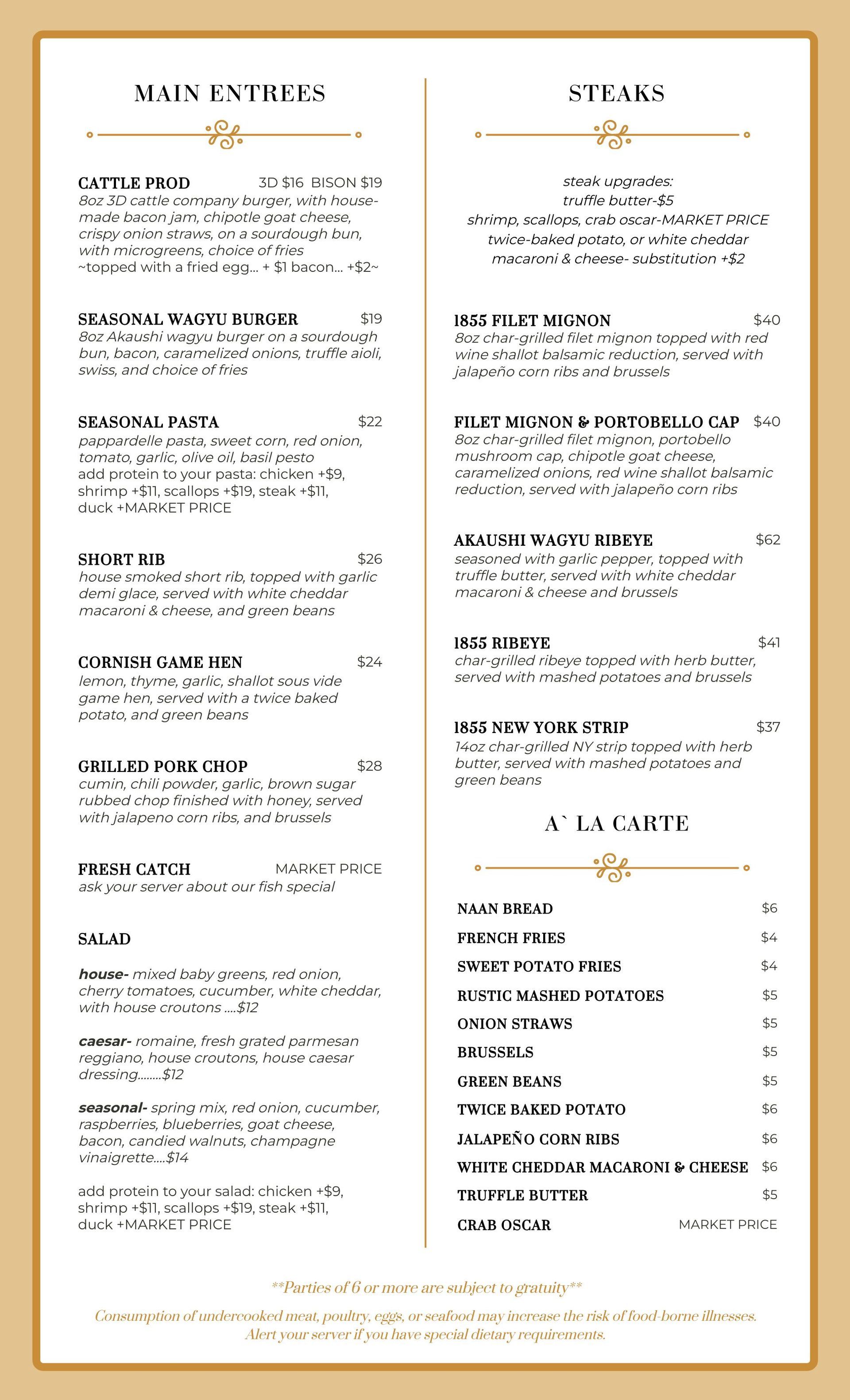 A menu for a restaurant with a lot of food on it.