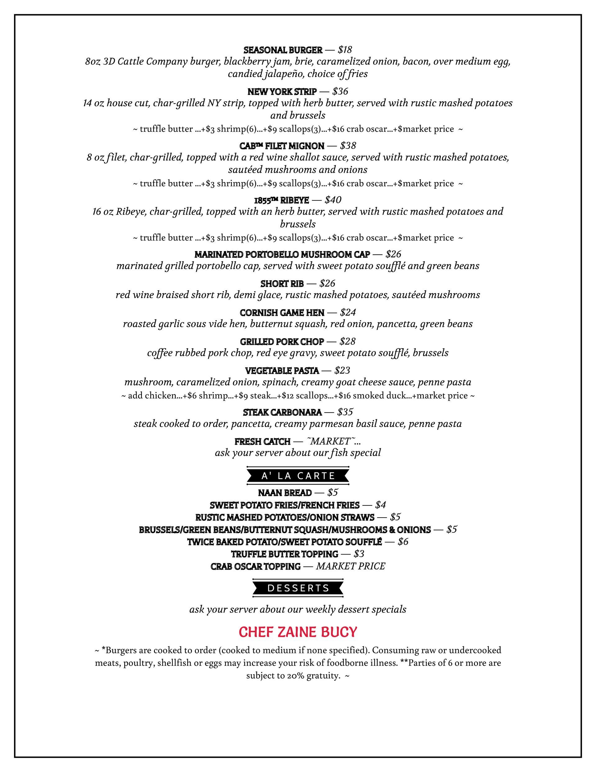 Dinner Menu Corks and Cattle